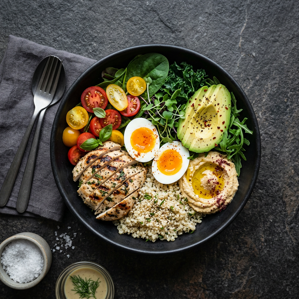 Bowl proteico con pollo, quinoa, palta y huevo